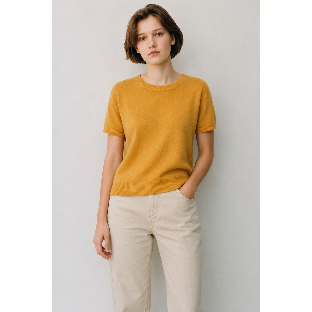 Lands End Womens 100% Cashmere Sweater Mustard Short Sleeve Quiet Luxury Preppy